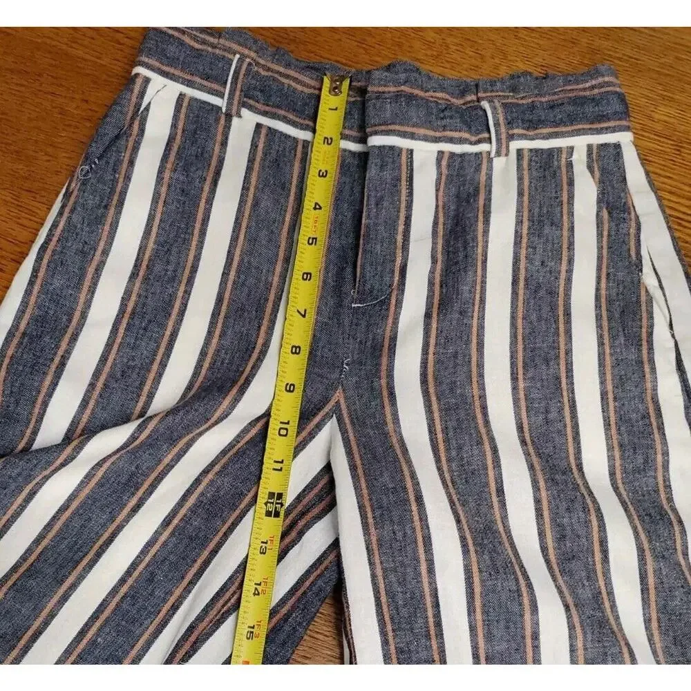 Banana Republic 0 Women LINEN Pants‎ Wide Leg Crop High Rise Striped Blue